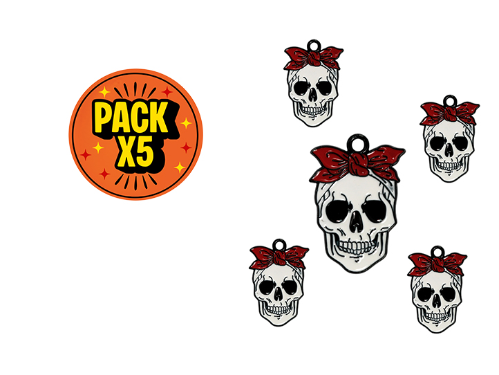 Dije Esmaltado Calavera con Moño base Negra x 5 unidades